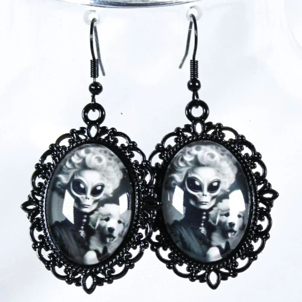 Alien Aristopaw Gothic Victorian Alien Woman & Pyrenees Puppy Earrings